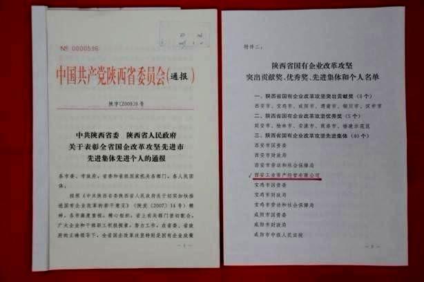 2009年2月，被陕西省委、省政府授予陕西省国有企业改革攻坚先进集体